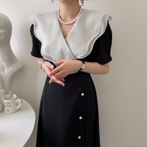 RM8574#韩版 INS 法式优雅撞色荷叶领纽扣收腰连衣裙