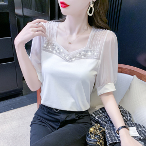 RM10946#短袖夏装拼接重工钉珠甜美方口领泡泡短袖雪纺衫修身女装