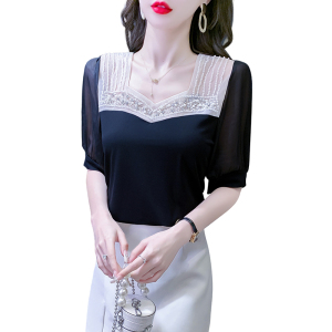 RM10946#短袖夏装拼接重工钉珠甜美方口领泡泡短袖雪纺衫修身女装