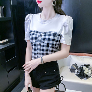 RM10947#夏季短袖新款设计感修身显瘦T恤拼接格子休闲女装圆领