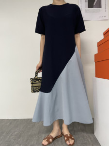 TR37612# 韩版法式小众荷叶边拼色设计感短袖连衣裙 服装批发女装批发服饰货源