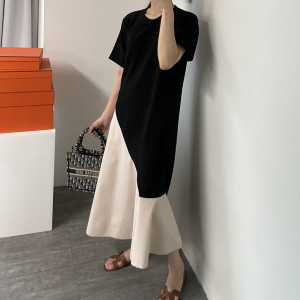 TR37612# 韩版法式小众荷叶边拼色设计感短袖连衣裙 服装批发女装批发服饰货源