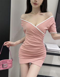 Contrast stitching short sleeved off shoulder low cut high elastic cotton tight fitting hip wrap dress