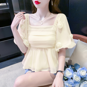 RM10960#夏装短袖泡泡袖花朵超仙甜美修身上衣夏季雪纺衫方领纯色
