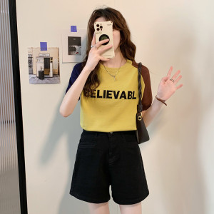 TR24432# 大码女装夏宽松圆领字母拼色短袖T恤薄款冰丝针织衫打底上衣女 服装批发女装服饰直播货源