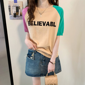 TR24432# 大码女装夏宽松圆领字母拼色短袖T恤薄款冰丝针织衫打底上衣女 服装批发女装服饰直播货源