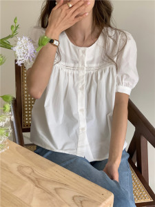 RM12548#韩版小清新甜美方领花边拼接短袖衬衫 