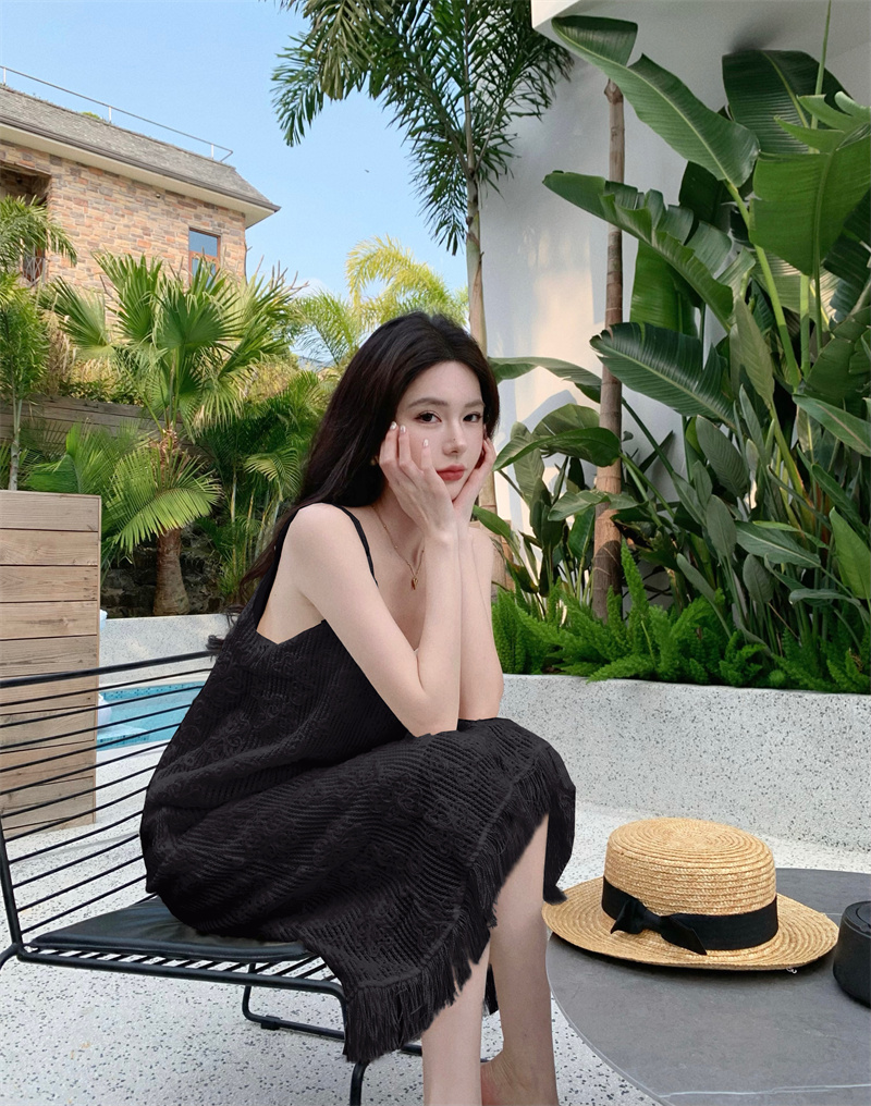 韓系流蘇吊帶裙女2023新款夏季設計感仙女白色打底裙中長款連衣裙