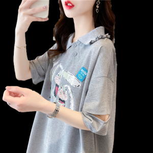 RM8629#仿棉珠地100涤夏季短袖T恤女爆款减龄慵懒风上衣