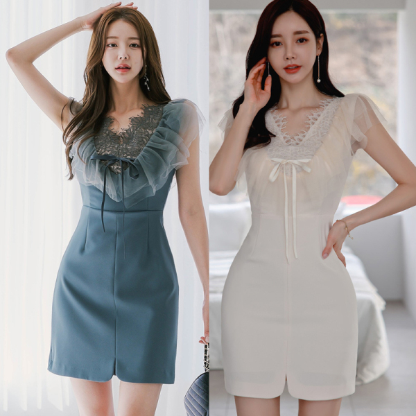 RM10145#夏季新款韩版修身清新气质拼接网纱蕾丝时尚包臀连衣裙