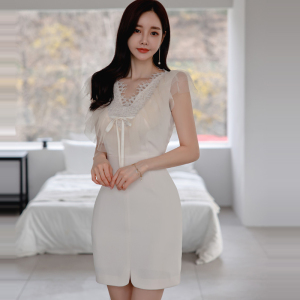 RM10145#夏季新款韩版修身清新气质拼接网纱蕾丝时尚包臀连衣裙