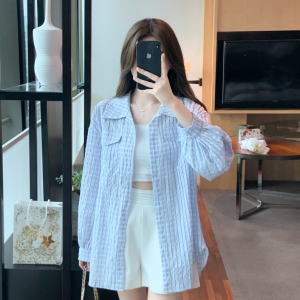 RM10563#夏季新款韩版宽松落肩袖防晒衣格子衬衫外套防紫外线女