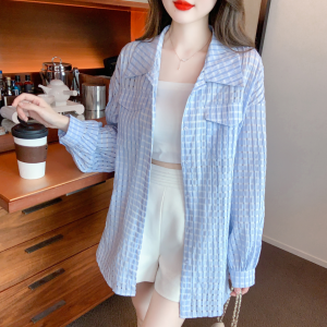 RM10563#夏季新款韩版宽松落肩袖防晒衣格子衬衫外套防紫外线女