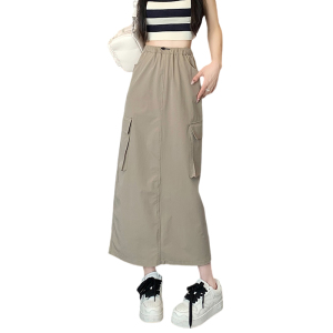 RM13899#夏季新款高腰显瘦开叉A字工装裙中长款半身裙女