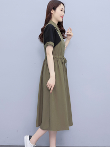 RM12503#棉麻连衣裙2023夏天新款时尚撞色收腰气质大码中长款过膝连衣裙女