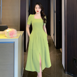 RM9230#夏季新款方领简约开叉设计感修身显瘦中长款连衣裙