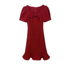 RM17520#复古小红裙2023夏季新女法式高级感蝴蝶结黑色收腰直筒连衣裙