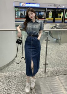 RM8593#夏季2023年新款女神范显瘦气质中长裙子法式小个子开叉牛仔连衣裙