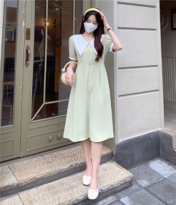 RM8547#法式大方领气质连衣裙女夏季收腰显瘦中长款短袖桔梗裙子