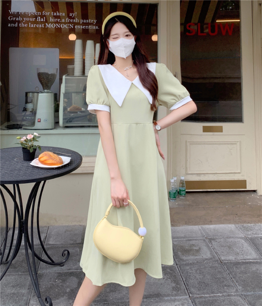 RM8547#法式大方领气质连衣裙女夏季收腰显瘦中长款短袖桔梗裙子