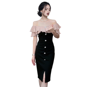 RM10100#新款女装一字领收腰显瘦开叉包臀连衣裙