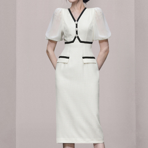 RM10102#夏新款时尚气质V领名媛风撞色灯笼袖显瘦包臀连衣裙