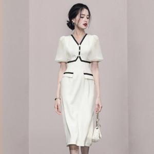 RM10102#夏新款时尚气质V领名媛风撞色灯笼袖显瘦包臀连衣裙