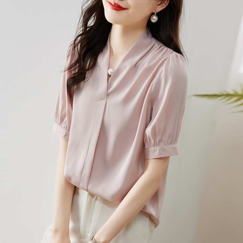 實拍2026夏季新款韓版百搭V領短袖緞面襯衫女上衣夏