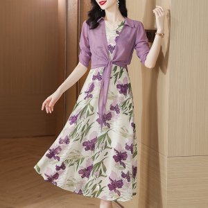 TR30464# 雪纺套裙春夏新款紫色开衫印花时尚气质减龄大摆连衣裙两件套