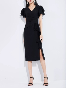 RM11502#黑色气质v领雪纺连衣裙女2023夏新款荷叶边开叉收腰显瘦包臀裙