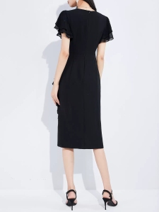 RM11502#黑色气质v领雪纺连衣裙女2023夏新款荷叶边开叉收腰显瘦包臀裙