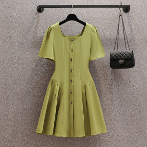 RM16917#大码女装2023夏季新款胖妹妹法式复古方领纯色百褶显瘦连衣裙