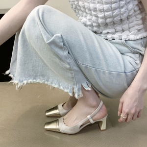 X-30354# 法式包头凉鞋女夏季新款拼接经典小香风粗跟后空单鞋