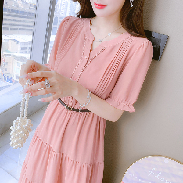 RM12814#法式温柔风雪纺设计感小众气质粉色荷叶边连衣裙