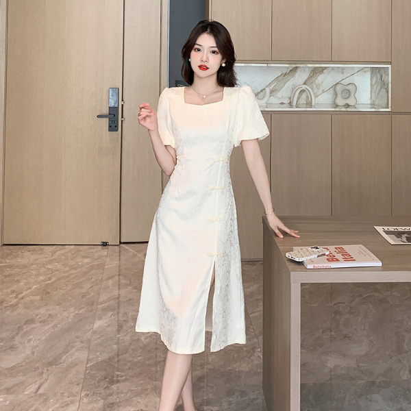 RM9565#新中式开叉连衣裙！气质方领泡泡袖珍珠盘扣裙子