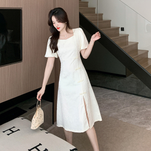 RM9565#新中式开叉连衣裙！气质方领泡泡袖珍珠盘扣裙子