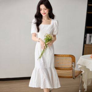 RM15578#方领连衣裙女夏季新款高腰设计感小众泡泡袖长款鱼尾仙女裙