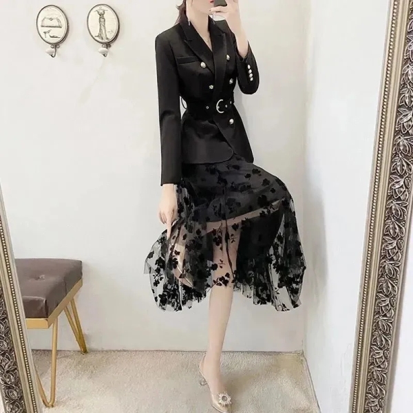 RM9932#连衣裙女新款黑色名媛气质网纱裙中长裙设计感裙子套装