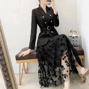 RM9932#连衣裙女新款黑色名媛气质网纱裙中长裙设计感裙子套装