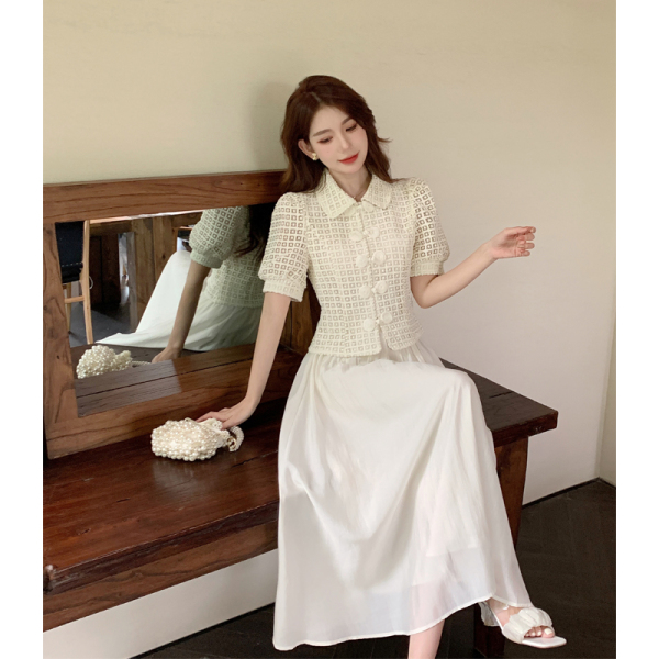 RM12644#新中式国风蕾丝上衣中长半身裙两件套女温柔套装