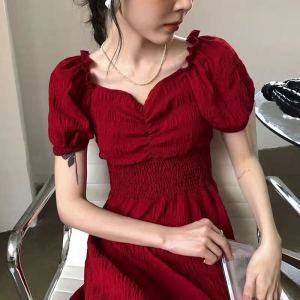 RM8364#夏季新款复古桔梗法式红色方领收腰显瘦连衣裙气质长裙子女装