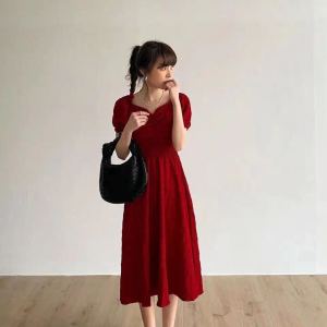 RM8364#夏季新款复古桔梗法式红色方领收腰显瘦连衣裙气质长裙子女装