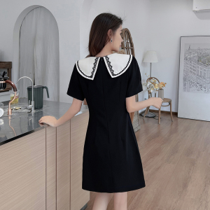 RM9555#设计感重工不规则领撞色连衣裙固色不染色减龄显瘦法式名媛连衣裙