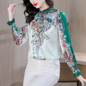 RM22413#新款重磅真丝衬衫女洋气复古印花烫钻弹力线立领上衣潮