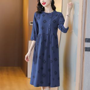 RM15994#春夏新款宽松显瘦7分袖中袖中长款年轻妈妈蓝色印花连衣裙