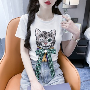 RM10948#夏季新款卡通猫咪T恤女短袖可爱重工珍珠上衣女显瘦洋气