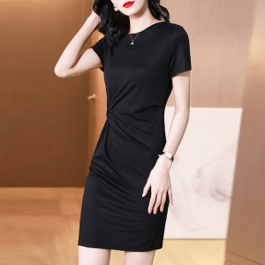TR26841# 夏季新款黑色收腰气质显瘦圆领法式韩版连衣裙 服装批发女装批发货源