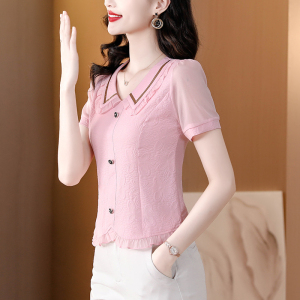 RM9344#夏季新款女装短袖娃娃领上衣修身显瘦卡腰短款小衫