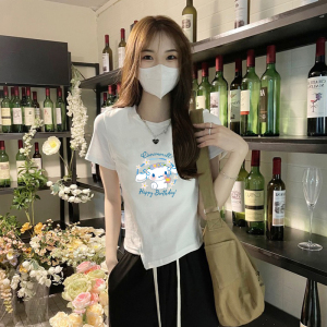 RM8568#棉辣妹白色短袖t恤女夏纯欲风设计感小众紧身露脐短款上衣