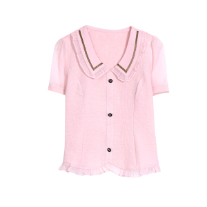 RM9344#夏季新款女装短袖娃娃领上衣修身显瘦卡腰短款小衫